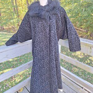 Vintage Coat Black on Black with Scrolling Velvet accent and bat sleeve Plus siz